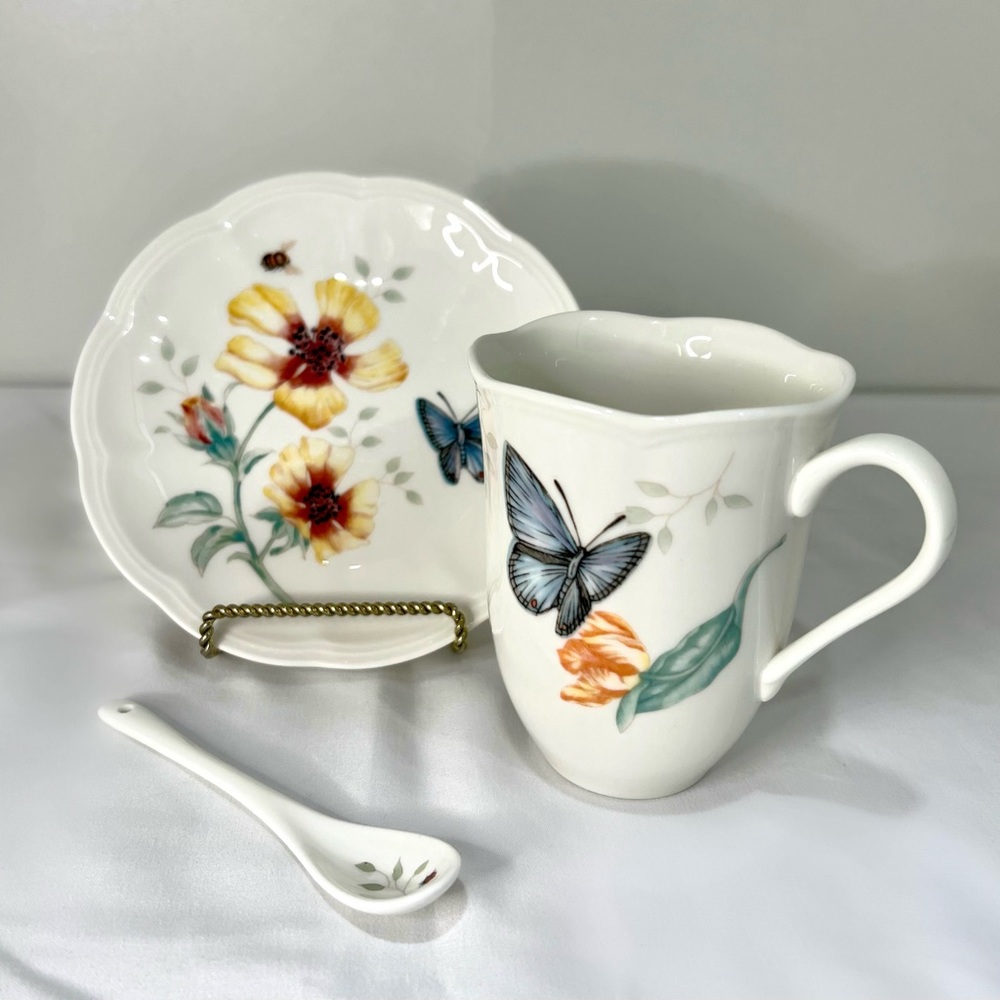 Lenox Blue Butterfly Meadow Teacup And Saucer Set With Rare Sugar Spoon!